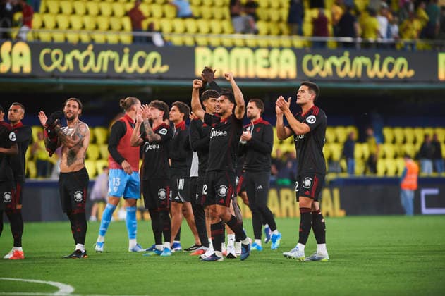 Sevilla players celebrates during the LaLiga EA Sports match between Villarreal CF and Sevilla FC at Estadio de la Ceramica on May 13, 2026 in Villarreal, Spain Photo by Maria Jose Segovia DeFodi Images