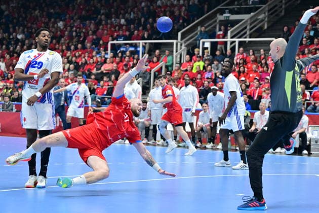 L-R Benoit Kounkoud (FRA), Jan Uzek (CZE) and Charles Bolzinger (FRA) in action during the World Handball Championship qualification playoff men s match: Czechia vs France in Brno, Czech Republic, May 13, 2026. (CTKxPhoto VaclavxSalek) CTKPhotoP2026051308818  CTKPhotoP2026051308818