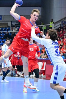 L-R Matej Nantl (CZE) and Aymeric Zaepfel (FRA) in action during the World Handball Championship qualification playoff men s match: Czechia vs France in Brno, Czech Republic, May 13, 2026. (CTKxPhoto VaclavxSalek) CTKPhotoP2026051309066  CTKPhotoP2026051309066