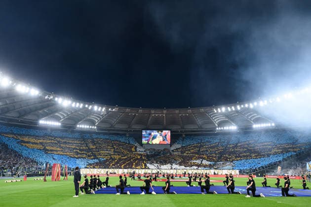 Lazio fans show a choreography during the 2025 2026 Coppa Italia football final between SS Lazio and FC Internazionale at Stadio Olimpico in Rome (Italy), May 13, 2026. AndreaxStaccioli