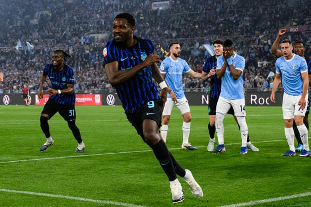 Marcus Thuram of FC Internazionale celebrates after scoring the goal of 0-1 during the 2025 2026 Coppa Italia football final between SS Lazio and FC Internazionale at Stadio Olimpico in Rome (Italy), May 13, 2026. AndreaxStaccioli