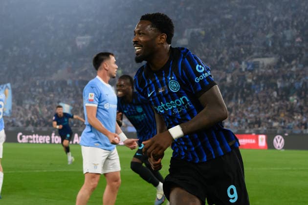 Marcus Thuram of FC Internazionale celebrates after scoring the goal of 0-1 during the 2025 2026 Coppa Italia football final between SS Lazio and FC Internazionale at Stadio Olimpico in Rome (Italy), May 13, 2026. AndreaxStaccioli