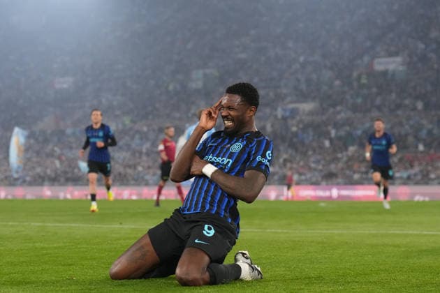 Inter Milan s Marcus Thuram celebrates after scoring during the Frecciarossa Italian Cup 2025 2026 final soccer match between Lazio and Inter Milan at the Stadio Olimpico in Rome, Italy - May 13, 2026 - Soccer  Copyright: xAlfredoxFalcone LaPressex