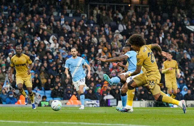 Manchester, England, 13th May 2026. Antoine Semenyo of Manchester City scores the first goal during the Manchester City vs Crystal Palace Premier League match at the Etihad Stadium, Manchester. Picture credit should read: Andrew Yates Sportimage EDITORIAL USE ONLY. No use with unauthorised audio, video, data, fixture lists, club league logos or live services. Online in-match use limited to 120 images, no video emulation. No use in betting, games or single club league player publications. SPI_025_AY_Man_City_Palace SPI-4799-0025