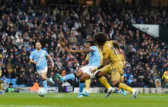 Manchester, England, 13th May 2026. Antoine Semenyo of Manchester City scores the first goal during the Manchester City vs Crystal Palace Premier League match at the Etihad Stadium, Manchester. Picture credit should read: Andrew Yates Sportimage EDITORIAL USE ONLY. No use with unauthorised audio, video, data, fixture lists, club league logos or live services. Online in-match use limited to 120 images, no video emulation. No use in betting, games or single club league player publications. SPI_027_AY_Man_City_Palace SPI-4799-0027