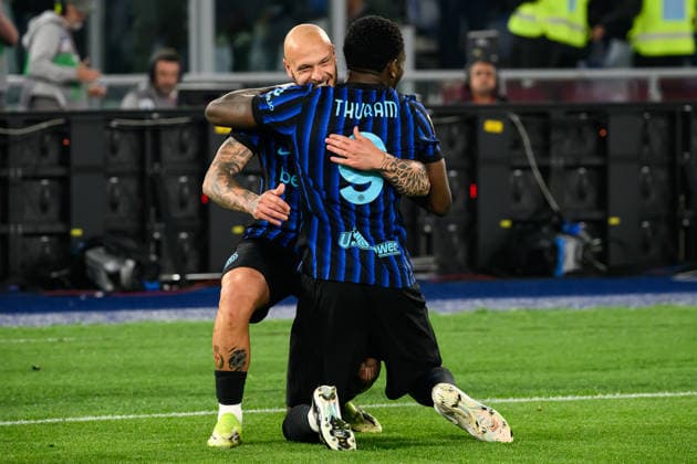 Marcus Thuram of FC Internazionale celebrates with Federico Dimarco after scoring the goal of 0-1 during the 2025 2026 Coppa Italia football final between SS Lazio and FC Internazionale at Stadio Olimpico in Rome (Italy), May 13, 2026. AndreaxStaccioli