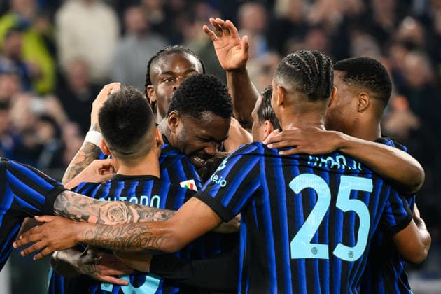 Marcus Thuram of FC Internazionale celebrates with team mates after scoring the goal of 0-1 during the 2025 2026 Coppa Italia football final between SS Lazio and FC Internazionale at Stadio Olimpico in Rome (Italy), May 13, 2026. AndreaxStaccioli
