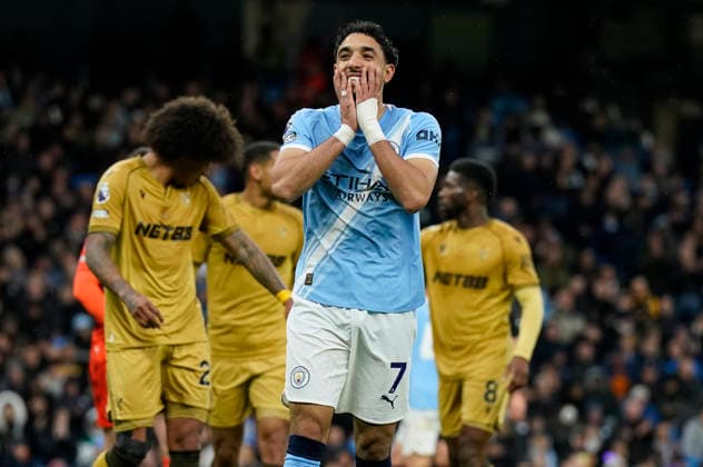 Manchester, England, 13th May 2026. Omar Marmoush of Manchester City reacts to a missed chance during the Manchester City vs Crystal Palace Premier League match at the Etihad Stadium, Manchester. Picture credit should read: Andrew Yates Sportimage EDITORIAL USE ONLY. No use with unauthorised audio, video, data, fixture lists, club league logos or live services. Online in-match use limited to 120 images, no video emulation. No use in betting, games or single club league player publications. SPI_032_AY_Man_City_Palace SPI-4799-0030