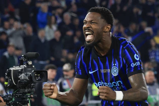 Lazio v Inter Milan - Italian Cup final match ROME, ITALY, MAY 13: Marcus Thuram, of Inter Milan, celebrates after scoring during the Italian Cup football final match between Lazio and Inter Milan at the Olympic stadium in Rome, Italy, on May 13, 2026. Riccardo De Luca Anadolu Rome Italy. Editorial use only. Please get in touch for any other usage.  Copyright: x2026xAnadoluxRiccardoxDexLucax