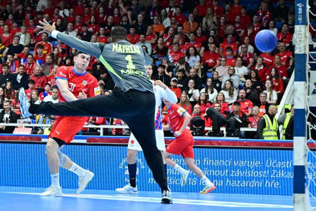 L-R Matej Klima (CZE) and Romain Mathias (FRA) in action during the World Handball Championship qualification playoff men s match: Czechia vs France in Brno, Czech Republic, May 13, 2026. (CTKxPhoto VaclavxSalek) CTKPhotoP2026051309461  CTKPhotoP2026051309461