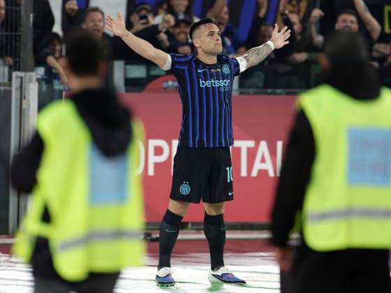 Coppa Italia final SS Lazio and FC Internazionale Inter™s Argentinian forward Lautaro Martinez celebrates after scoring a goal 0-2 during the Coppa Italia final between SS Lazio and FC Internazionale at the Stadio Olimpico in Rome on 13 May 2026. _BPH8727 Copyright: xAntonioxBalascox