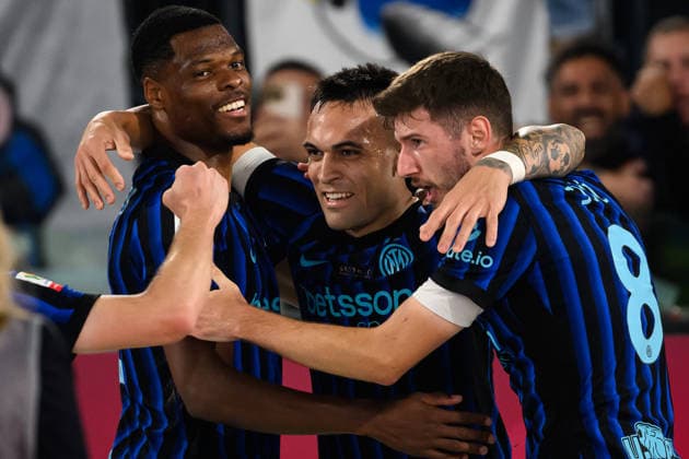 Lautaro Martinez of FC Internazionale celebrates with Marcus Thuram and Petar Sucic after scoring the goal of 0-2 during the 2025 2026 Coppa Italia football final between SS Lazio and FC Internazionale at Stadio Olimpico in Rome (Italy), May 13, 2026. AndreaxStaccioli