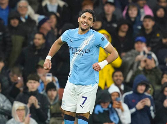 Manchester, England, 13th May 2026. Omar Marmoush of Manchester City celebrates scoring their second goal during the Manchester City vs Crystal Palace Premier League match at the Etihad Stadium, Manchester. Picture credit should read: Andrew Yates Sportimage EDITORIAL USE ONLY. No use with unauthorised audio, video, data, fixture lists, club league logos or live services. Online in-match use limited to 120 images, no video emulation. No use in betting, games or single club league player publications. SPI_040_AY_Man_City_Palace SPI-4799-0039