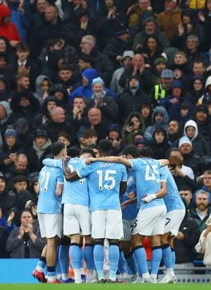 Antoine Semenyo of Manchester City celebrates scoring the opening goal with their team-mates Manchester City v Crystal Palace, Premier League, Football, Etihad Stadium, Manchester , UK - 13 May 2026Manchester Etihad Stadium United Kingdom EDITORIAL USE ONLY No use with unauthorised audio, video, data, fixture lists, club league logos or live services. Online in-match use limited to 120 images, no video emulation. No use in betting, games or single club league player publications. Copyright: xMattxWest Shutterstockx 16871265j