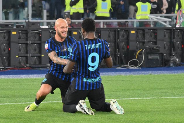 13th May 2026, Stadio Olimpico, Rome, Italy; Coppa Italia Football; Lazio versus Inter Milan; Marcus Thuram of FC Inter celebrates with his teammate Federico Dimarco of FC Inter after 0-1 goal AllShotxLive