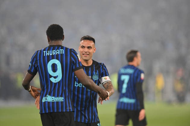 13th May 2026, Stadio Olimpico, Rome, Italy; Coppa Italia Football; Lazio versus Inter Milan; Marcus Thuram of FC Inter celebrates with his teammate Lautaro Martinez of FC Inter after scoring the 0-1 goal AllShotxLive