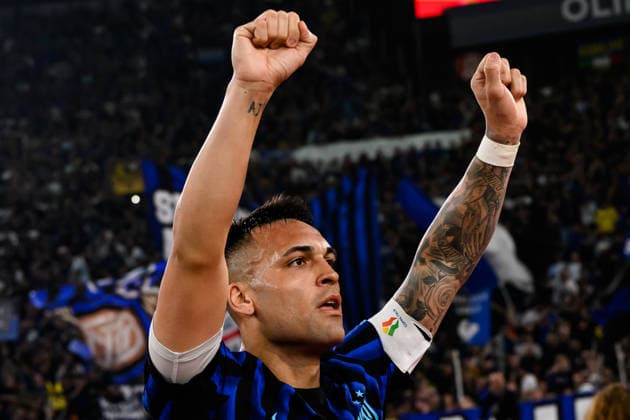 Lautaro Martinez of FC Internazionale celebrates after scoring the goal of 0-2 during the 2025 2026 Coppa Italia football final between SS Lazio and FC Internazionale at Stadio Olimpico in Rome (Italy), May 13, 2026. AndreaxStaccioli