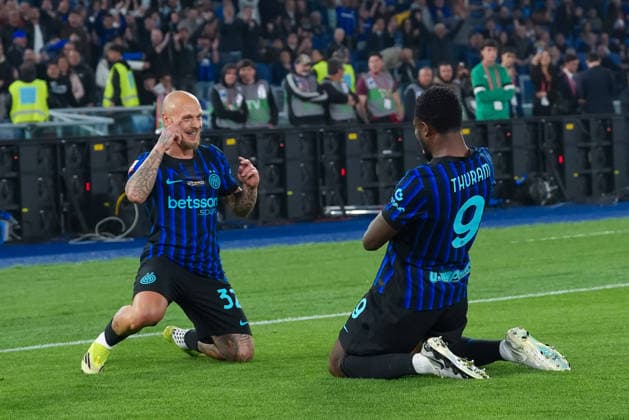 Marcus Thuram of FC Internazionale celebrates with Federico Dimarco after scoring first goal during the Coppa Italia Final match between SS Lazio and FC Internazionale at Stadio Olimpico Rome Italy on 13 May 2026. Rome Stadio Olimpico Rome Italy Copyright: xPhotoxGoalxPixx SP24-1430-010