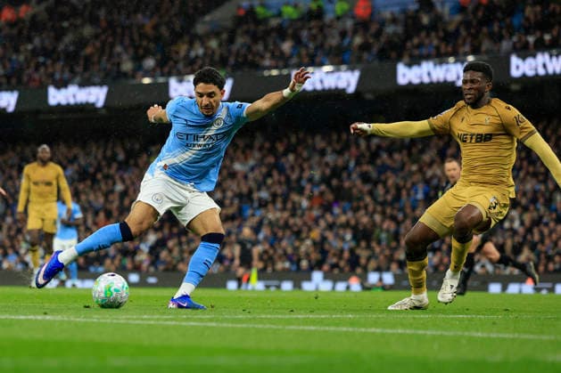 Manchester City v Crystal Palace, Premier League GOAL.Omar Marmoush (7) of Manchester City scores to make it 2-0 during the Premier League match between Manchester City and Crystal Palace at the Etihad Stadium, Manchester, UK on 13 May 2026. Manchester Etihad Stadium Manchester UK Editorial use only DataCo restrictions apply See www.football-dataco.com , Copyright: xConorxMolloyx PSI-24240-0037