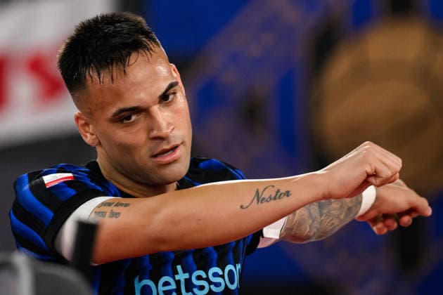 Lautaro Martinez of FC Internazionale celebrates after scoring the goal of 0-2 during the 2025 2026 Coppa Italia football final between SS Lazio and FC Internazionale at Stadio Olimpico in Rome (Italy), May 13, 2026. AndreaxStaccioli
