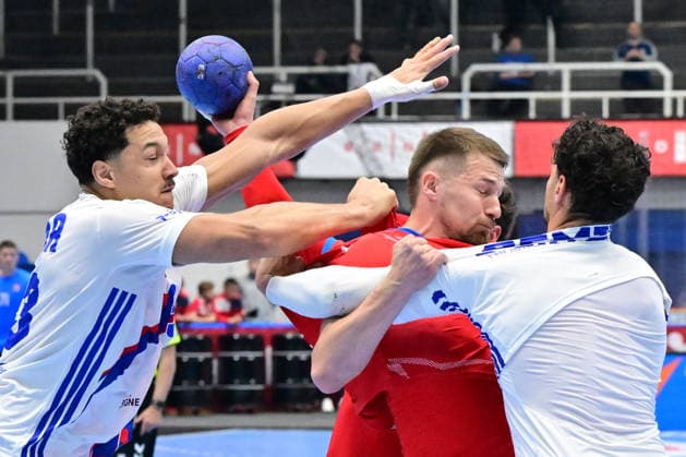 L-R Theo Monar (FRA), Daniel Reznicky (CZE) and Nedim Remili (FRA) in action during the World Handball Championship qualification playoff men s match: Czechia vs France in Brno, Czech Republic, May 13, 2026. (CTKxPhoto VaclavxSalek) CTKPhotoP2026051309527  CTKPhotoP2026051309527