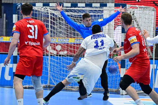 L-R Matej Klima (CZE), Simon Mizera (CZE), Nicolas Tournat (FRA) and Daniel Reznicky (CZE) in action during the World Handball Championship qualification playoff men s match: Czechia vs France in Brno, Czech Republic, May 13, 2026. (CTKxPhoto VaclavxSalek) CTKPhotoP2026051309545  CTKPhotoP2026051309545