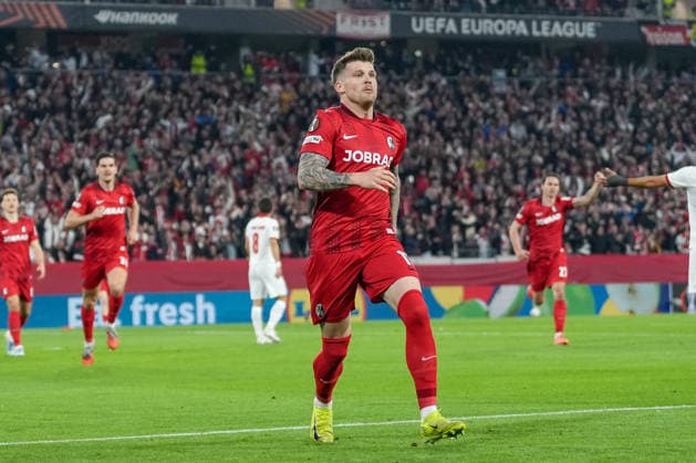 Lukas Kübler Lukas Kuebler SC Freiburg, 17 , goal celebration, emotions, goal shot, goal, goal, goal, Germany, football, UEFA Europa League, semi-final, second leg, 2025 2026, SC Freiburg vs SC Braga, 07 05 2026, Europa Park Stadion, Freiburg Freiburg Europa Park Stadion Baden Württemberg Germany Copyright: xArnexAmbergx