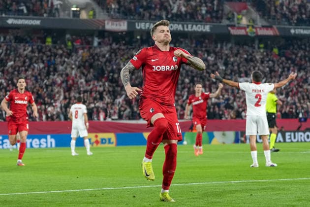 Lukas Kübler Lukas Kuebler SC Freiburg, 17 , goal celebration, emotions, goal shot, goal, goal, goal, Germany, football, UEFA Europa League, semi-final, second leg, 2025 2026, SC Freiburg vs SC Braga, 07 05 2026, Europa Park Stadion, Freiburg Freiburg Europa Park Stadion Baden Württemberg Germany Copyright: xArnexAmbergx