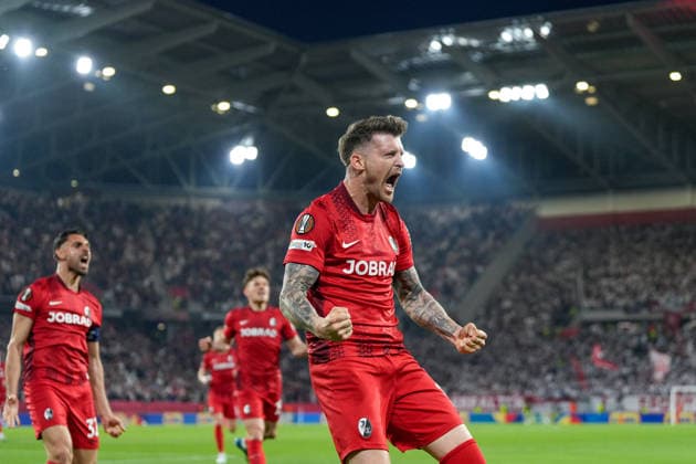 Lukas Kübler Lukas Kuebler SC Freiburg, 17 , goal celebration, emotions, goal shot, goal, goal, goal, Germany, football, UEFA Europa League, semi-final, second leg, 2025 2026, SC Freiburg vs SC Braga, 07 05 2026, Europa Park Stadion, Freiburg Freiburg Europa Park Stadion Baden Württemberg Germany Copyright: xArnexAmbergx