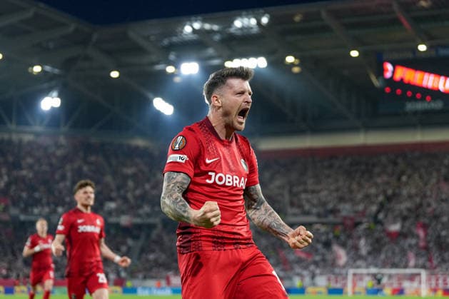 Lukas Kübler Lukas Kuebler SC Freiburg, 17 , goal celebration, emotions, goal shot, goal, goal, goal, Germany, football, UEFA Europa League, semi-final, second leg, 2025 2026, SC Freiburg vs SC Braga, 07 05 2026, Europa Park Stadion, Freiburg Freiburg Europa Park Stadion Baden Württemberg Germany Copyright: xArnexAmbergx