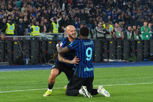 SS Lazio v FC Internazionale - Coppa Italia Final Marcus Thuram of FC Internazionale celebrates with Federico Dimarco of FC Internazionale after the goal of 2-0 during the Coppa Italia Frecciarossa final match between SS Lazio and FC Internazionale at Olympic Stadium on May 13, 2026 in Rome, Italy Rome Stadio Olimpico Lazio Italy Copyright: xGiuseppexMaffiax DSC08710