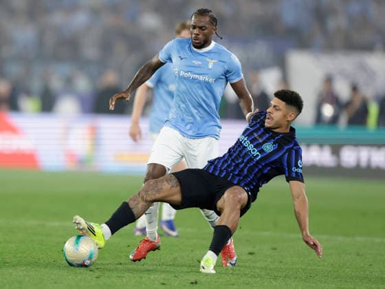 Coppa Italia final SS Lazio and FC Internazionale Inter™s Brazilian forward Luis Henrique challenges for the ball with lazio™s Portuguese defender Nuno Tavares during the Coppa Italia final between SS Lazio and FC Internazionale at the Stadio Olimpico in Rome on 13 May 2026. _BPH9551 Copyright: xAntonioxBalascox