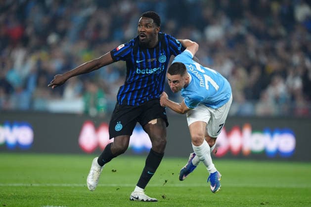 SS Lazio v FC Internazionale - Coppa Italia Final Marcus Thuram of FC Internazionale and Adam Marusic of SS Lazio battle for the ball during the Coppa Italia Frecciarossa final match between SS Lazio and FC Internazionale at Olympic Stadium on May 13, 2026 in Rome, Italy Rome Stadio Olimpico Lazio Italy Copyright: xGiuseppexMaffiax BRU04259