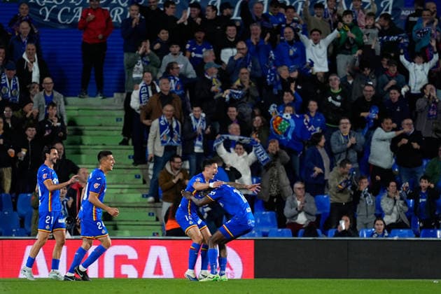 May 13, 2026, Getafe, Madrid, Spain: Martin Satriano of Getafe CF celebrates a goal with teammates during the Spanish League, LaLiga EA Sports, football match played between Getafe CF and RCD Mallorca at Coliseum de Getafe stadium on May 13, 2026, in Getafe, Spain. Getafe Spain - ZUMAa181 20260513_zaa_a181_199 Copyright: xDennisxAgyemanx