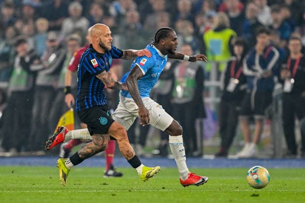 LazioÕs Nuno Tavares fights for the ball with InterÕs Federico Dimarco during the Frecciarossa Italian Cup 2025 2026 final soccer match between Lazio and Inter Milan at the Stadio Olimpico in Rome, Italy - May 13, 2026 - Soccer  Copyright: xTanoxPecoraro LaPressex