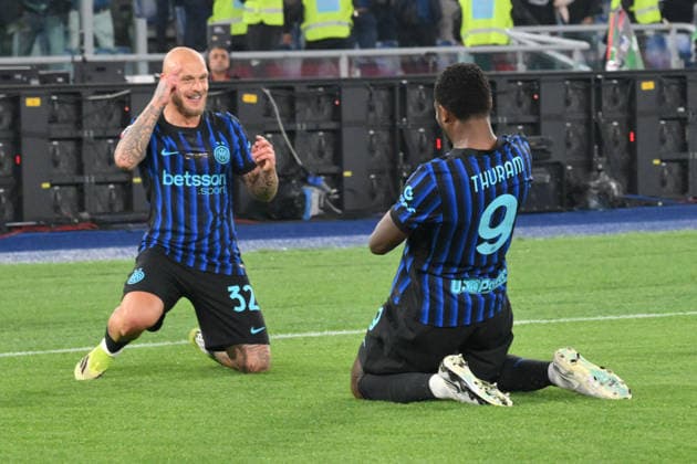 CALCIO - Coppa Italia - Final - SS Lazio vs Inter - FC Internazionale Photo by IPA ABACAPRESS.COM84649573 - Marcus Thuram of FC Inter celebrates with his teammate Federico Dimarco of FC Inter after scoring the 0-1 goal during the match of the Coppa Italia Final Championship between S.S. Lazio and F.C. Inter at the Olimpico Stadium on May 13, 2026 in Rome, Italy. during Final - SS Lazio vs Inter - FC Internazionale, Italian football Coppa Italia match in Rome, Italy, May 13 2026 Rome Italy  Copyright: xIPAxSport ABACAx