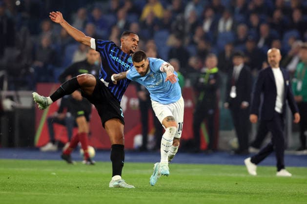 CALCIO - Coppa Italia - Final - SS Lazio vs Inter - FC Internazionale Photo by IPA ABACAPRESS.COM84649626 - Rome, Italy - May 13, 2026: Denzel Dumfries (Defender) of FC Internazionale in tackle on Mattia Zaccagni (attacking midfielder) of SS Lazio seen in action during the Coppa Italia Frecciarossa Final football match 2025-2026 between SS Lazio vs Inter - FC Internazionale at Olympic Stadium. Rome Italy  Copyright: xIPAxSport ABACAx