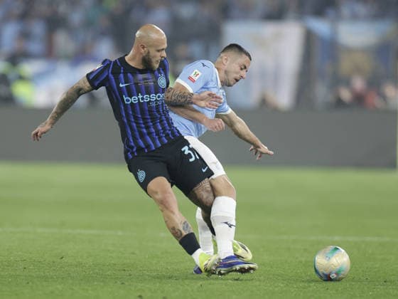 CALCIO - Coppa Italia - Final - SS Lazio vs Inter - FC Internazionale Photo by IPA ABACAPRESS.COM84649639 - Inter s Italian defender Federico Dimarco challenges for the ball with lazio s Serbian defender Adam Marusic during the Coppa Italia final between SS Lazio and FC Internazionale at the Stadio Olimpico in Rome on 13 May 2026. Rome Italy  Copyright: xIPAxSport ABACAx