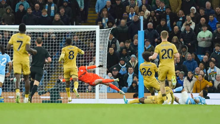 Manchester, England, 13th May 2026. Savinho of Manchester City (r) scoring their third goal during the Manchester City vs Crystal Palace Premier League match at the Etihad Stadium, Manchester. Picture credit should read: Andrew Yates Sportimage EDITORIAL USE ONLY. No use with unauthorised audio, video, data, fixture lists, club league logos or live services. Online in-match use limited to 120 images, no video emulation. No use in betting, games or single club league player publications. SPI_056_AY_Man_City_Palace SPI-4799-0054