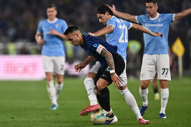RECORD DATE NOT STATED 13th May 2026, Stadio Olimpico, Rome, Italy; Coppa Italia Football; Lazio versus Inter Milan; Lautaro Martinez of Inter Milan and Matteo Cancellieri of Lazio compete for the ball DomenicoxCippitelli