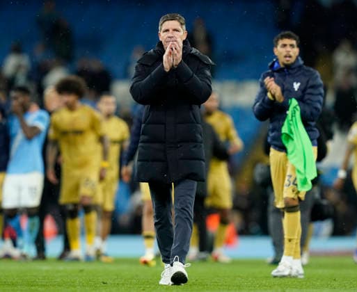 Manchester, England, 13th May 2026. Oliver Glasner manager of Crystal Palace claps the fans during the Manchester City vs Crystal Palace Premier League match at the Etihad Stadium, Manchester. Picture credit should read: Andrew Yates Sportimage EDITORIAL USE ONLY. No use with unauthorised audio, video, data, fixture lists, club league logos or live services. Online in-match use limited to 120 images, no video emulation. No use in betting, games or single club league player publications. SPI_062_AY_Man_City_Palace SPI-4799-0060
