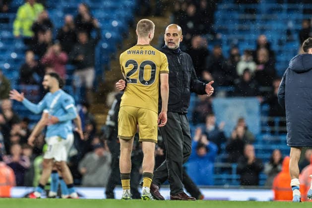Premier League: Manchester City v Crystal Palace Josep Guardiola manager of Manchester City embraces Adam Wharton of Crystal Palace after the game during the Premier League match Manchester City vs Crystal Palace at Etihad Stadium, Manchester, United Kingdom on 13 May 2026 (Photo by Mark Cosgrove News Images) Manchester Etihad Stadium Greater Manchester United, ManU Kingdom Copyright: xMarkxCosgrove NewsxImagesx