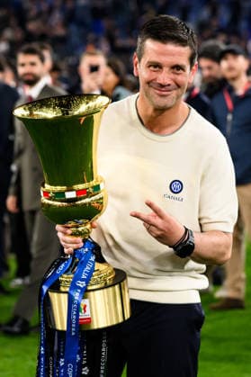 Cristian Chivu, head coach of FC Internazionale, celebrates with the trophy at the end of the 2025 2026 Coppa Italia football final between SS Lazio and FC Internazionale at Stadio Olimpico in Rome (Italy), May 13, 2026. AndreaxStaccioli