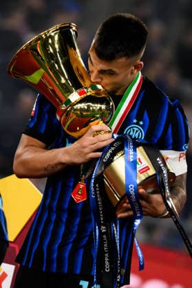 Lautaro Martinez of FC Internazionale kisses the trophy at the end of the 2025 2026 Coppa Italia football final between SS Lazio and FC Internazionale at Stadio Olimpico in Rome (Italy), May 13, 2026. AndreaxStaccioli