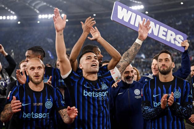 As Roma 13 05 2026 - finale Coppa Italia Lazio-Inter foto Antonello Sammarco Image nella foto: Lautaro Martinez-Federico Dimarco-Hakan Calhanoglu 