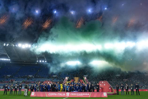 SS Lazio v FC Internazionale - Coppa Italia Final FC Internazionale players celebrate with the tropyh during the award ceremony at the end of the Coppa Italia Frecciarossa final match between SS Lazio and FC Internazionale at Olympic Stadium on May 13, 2026 in Rome, Italy Rome Stadio Olimpico Lazio Italy Copyright: xGiuseppexMaffiax DSC09809