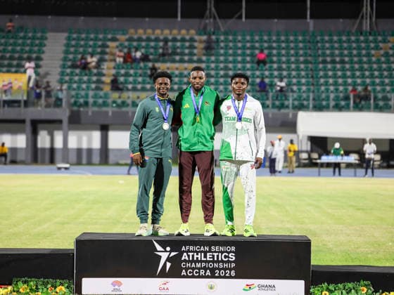 R-L Bradley Nkoana, Emmanuel Alowede Eseme and ChIdera Ezeakor during medal ceremony at The 24th African Senior Athletics Championships (ASAC) 2026 in Accra, Ghana, at the University of Ghana Sports Stadium from May 12 2026 Copyright: xChristopherxOnahx