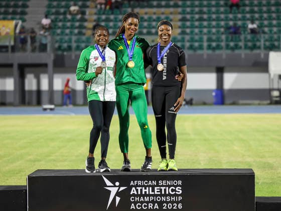 R-L Chukwuma Rosemary, Herverge Tonjock and Davis Thelma during medal ceremony at The 24th African Senior Athletics Championships (ASAC) 2026 in Accra, Ghana, at the University of Ghana Sports Stadium from May 12 2026 Copyright: xChristopherxOnahx