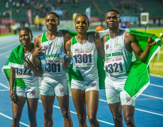 Toheebat Jimoh x Ezekiel Asuquo x Patient Okon George x Victor Sampsom Ime (Nigeria) in action after the 4x400m mixed events, at the 2026 African Senior Athletics Championship in Accra, Ghana. Photo by Adeniyi Muyiwa Copyright: xAdeniyixMuyiwax