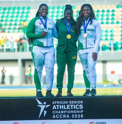 Divine Oladipupo (Nigeria) x Nora Atim Monie (Cameroon) x Obiageri Ameachi (Nigeria) made the podium finish in the women s Discus event at the 2026 African Senior Athletics Championship in Accra, Ghana. Photo by Adeniyi Muyiwa Copyright: xAdeniyixMuyiwax